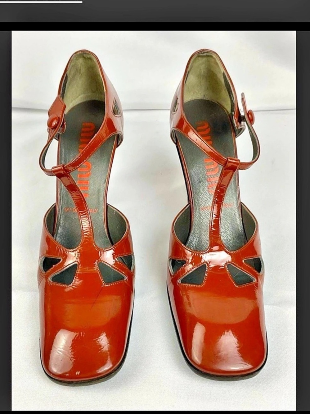 Miu Patent Leather Cutout T-Strap Heels EU 36